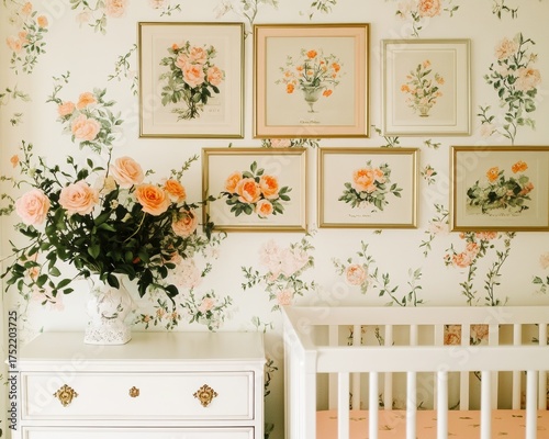 Nursery room white crib right side dresser left gallery wall, home