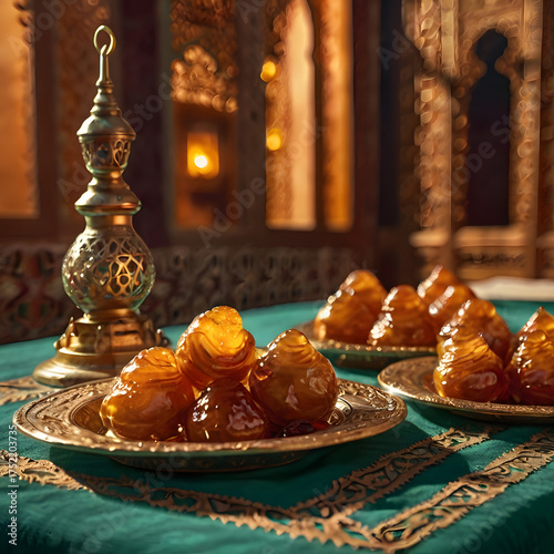 Traditional Arabic sweets served on ornate golden plates with a glowing lantern for a Ramadan Iftar celebration