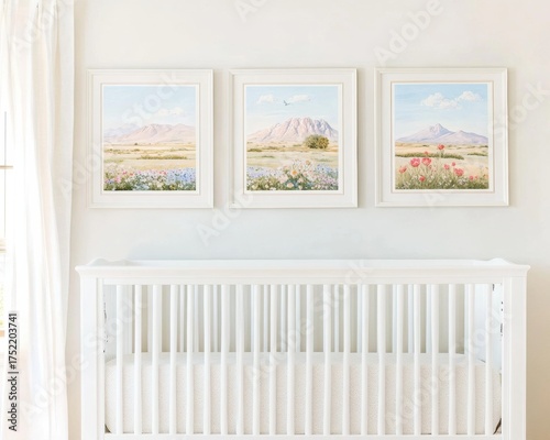 Nursery room white crib foreground window curtains left gallery wall, home
