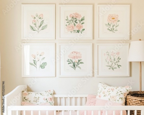 Nursery room white crib center Above there gallery wall, home