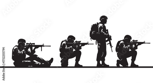 Silhouette of soldiers in tactical positions isolated on transparent background