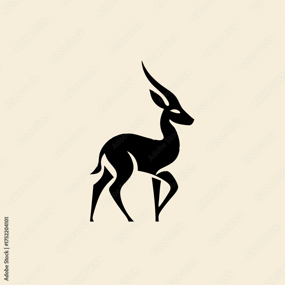 Obraz premium Black gazelle silhouette with curved horns on beige background
