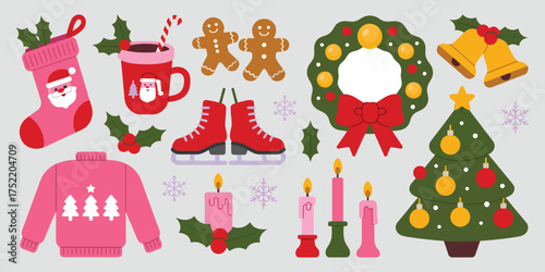 Collection of festive christmas icons including a stocking gingerbread men and a sweater cute winter holiday vector illustration