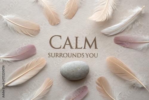 Overhead arrangement of feathers and stone with motivational text