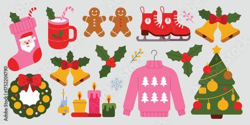 Christmas vector collection with festive icons including stocking gingerbread men cozy sweater snowflake and ornament perfect for winter holiday clipart greeting cards and decorative artwork
