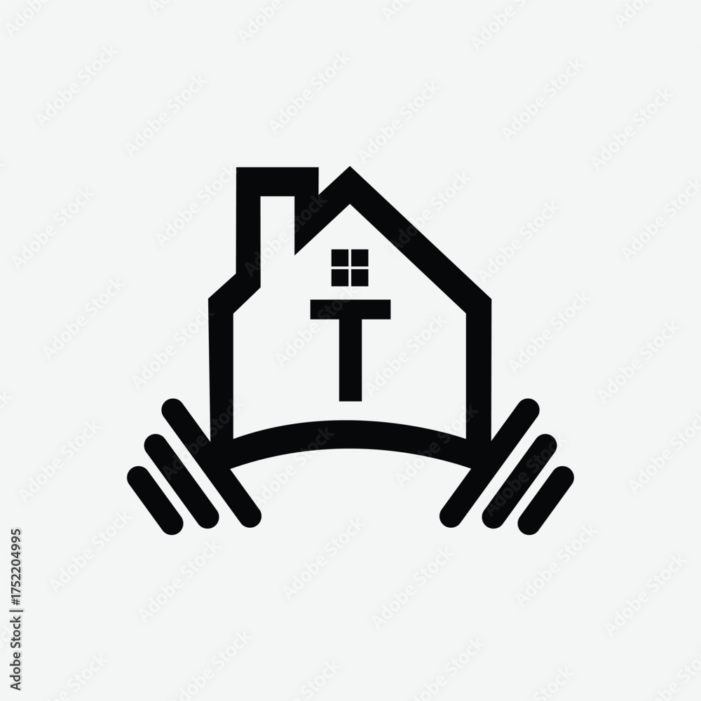 Obraz premium Black house icon with letter T and barbell on white background 