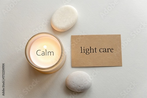 Overhead flat lay of a lit candle and pebbles on white surface