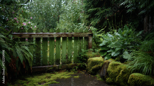 Tranquil green gate lush garden nature scene vibrant flora ground level serenity and renewal