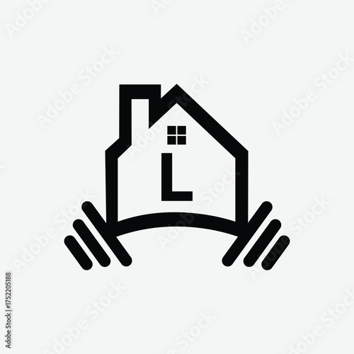 Black letter L inside house silhouette with barbell on white background 