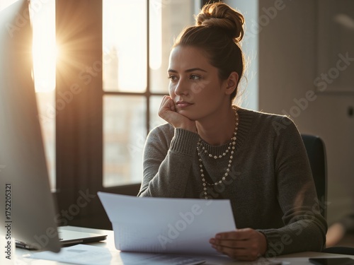Woman working at computer home office thoughtful business professional freelancer entrepreneur thinking 100