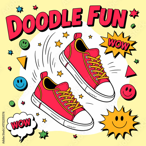 Vibrant Comic Pop Art Illustration: Sneakers and Doodle Elements
