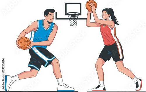 Cartoon basketball scene with two players, dribbling, shooting, hoop in background, athletic posture, sports action, competitive play, team sport, dynamic movement