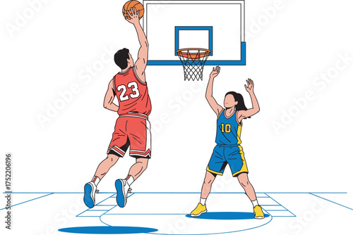 Cartoon basketball scene with two players, dribbling, shooting, hoop in background, athletic posture, sports action, competitive play, team sport, dynamic movement