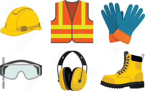 Construction safety gear vector icons including hard hat safety vest gloves boots goggles and ear protection personal protective equipment illustration set for industrial workplace safety design