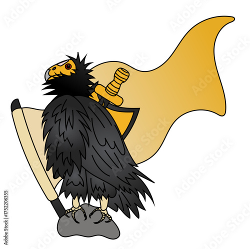 A California condor vulture bird,  Gymnogyps californianus, sitting on a rock, with a sword and shield behind its back and yellow flag in the wind. Vector drawing. 