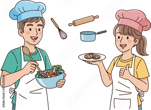 Cartoon cooking scene with chefs, salad bowl, cookies plate, kitchen utensils, teamwork, culinary activity, food preparation, baking fun, recipe learning, happy kitchen