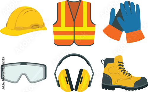 Construction safety gear vector icons including hard hat safety vest gloves boots goggles and ear protection personal protective equipment illustration set for industrial workplace safety design