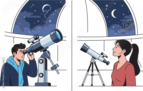 Cartoon stargazing scene with telescope, night sky, stars, moon, galaxy, planet, window view, scientific exploration, astronomy hobby, cosmic observation