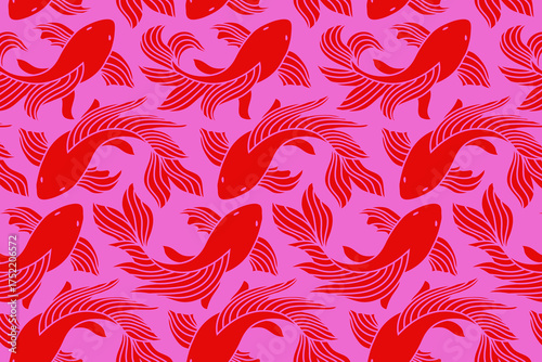 Original seamless pattern of a koi fish, carp in red and pink colors, Chinese new year, Asian festives. Romantic background, wrapping paper, fabric swatch