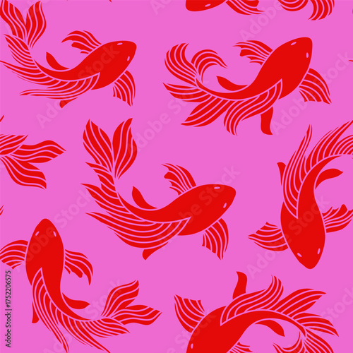 Original seamless pattern of a koi fish, carp in red and pink colors, Chinese new year, Asian festives. Romantic background, wrapping paper, fabric swatch