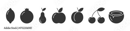 set of black silhouette fruit icons such as apple pomegranate peach lemon