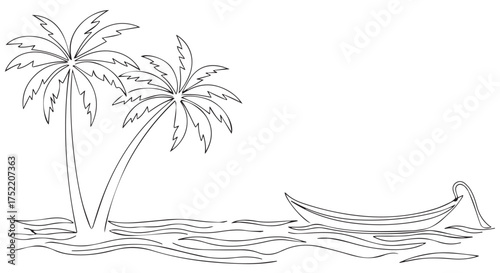 Tropical island scene with palm trees and a boat isolated on transparent background