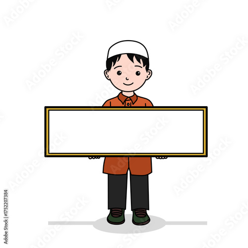 Muslim boy sitting with blank poster