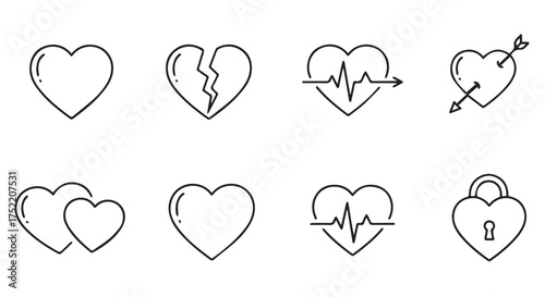 Assortment of heart symbols and related icons isolated on transparent background