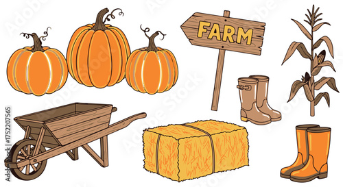 Farm elements including pumpkins, wheelbarrow, hay bale, boots, and corn stalk isolated on transparent background