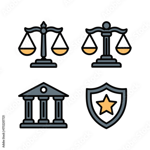 Four legal and justice icons scales courthouse shield star vector