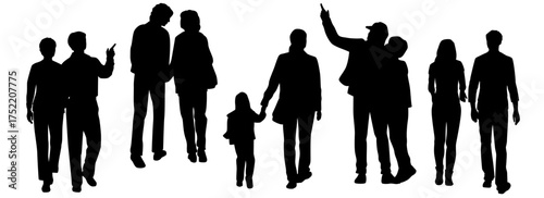 Set of walking business people, silhouettes of men and women with bags, front and back view, vector, profile, black, isolated on white background