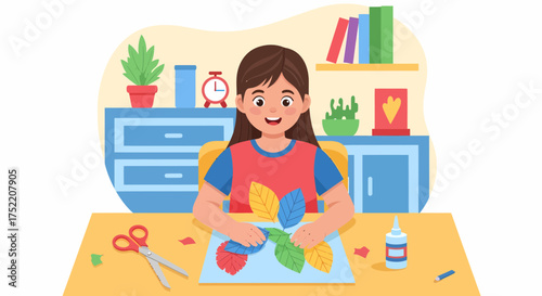 Girl Making Leaf Art Project At Her Desk With Art Supplies