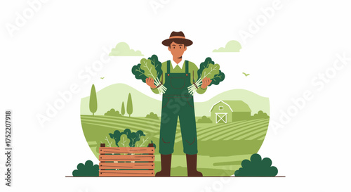 Farmer Holding Freshly Harvested Greens on Organic Farm