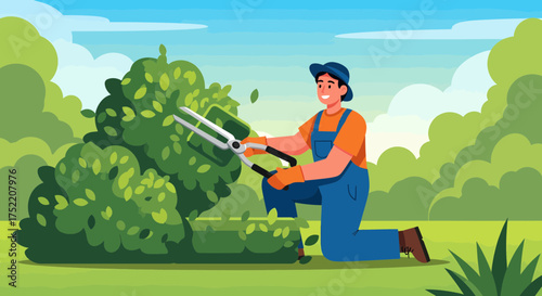 Man Trimming Bushes With Shears In Garden Flat Illustration