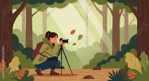 Woman Photographer Capturing Nature In Forest With Professional Camera
