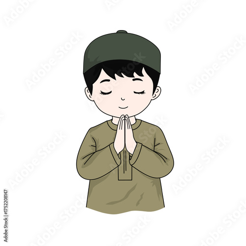 Muslim Little Boy Greeting with Hands Together in Traditional Salam Gesture