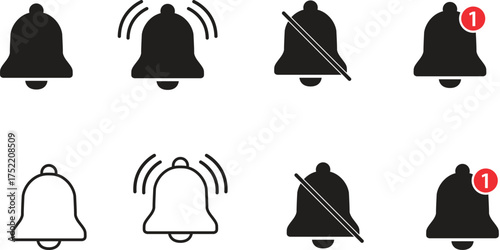 Notification Bell Icon Vector Set Alert Alarm Reminder and Silent Symbol

