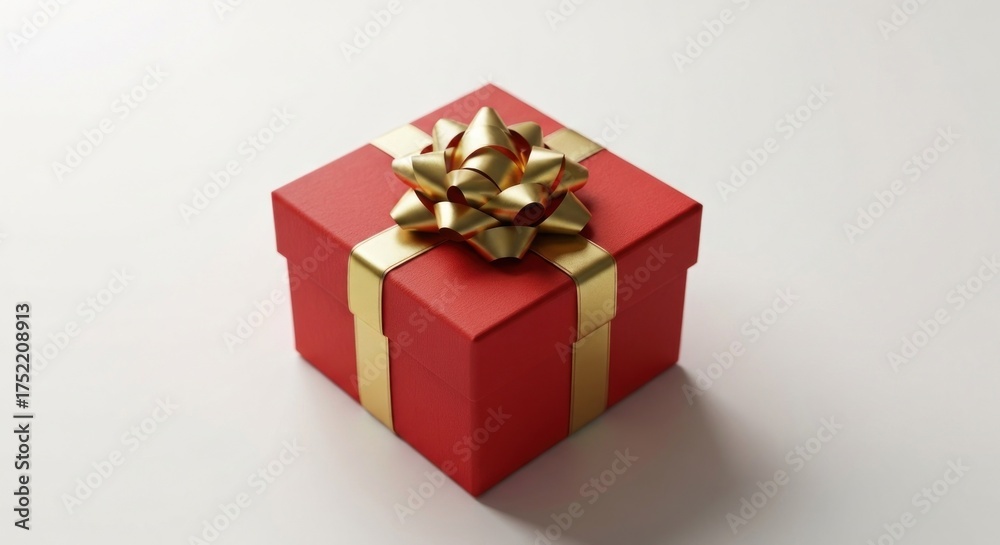 Obraz premium Wrapped red gift box with golden ribbon and bow on white surface, angled