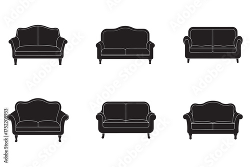Black Sofa Silhouette Vector Illustration Set with Various Designs for Interior Decorating and Furniture Design Projects