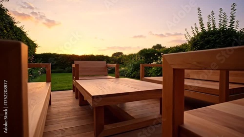 Serene Sunset: Wooden Patio Furniture in Tranquil Garden Setting