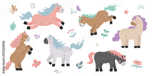 Adorable pastel pony clipart collection in doodle style with hand-drawn horses and floral elements, great for childrens designs, nursery art, greeting cards, patterns, baby prints and whimsical decor.
