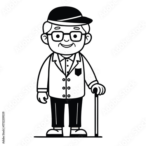 A classic black and white line art illustration of an elder figure rendered with intricate detail and artistic flair