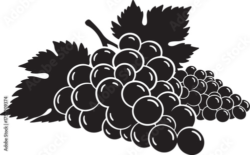 Black Silhouette of Grapes with Leaves fruit food
