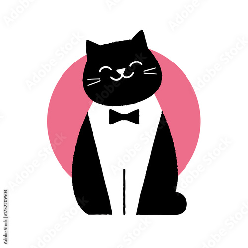 A charming black cat with a tuxedo and a pink circle background