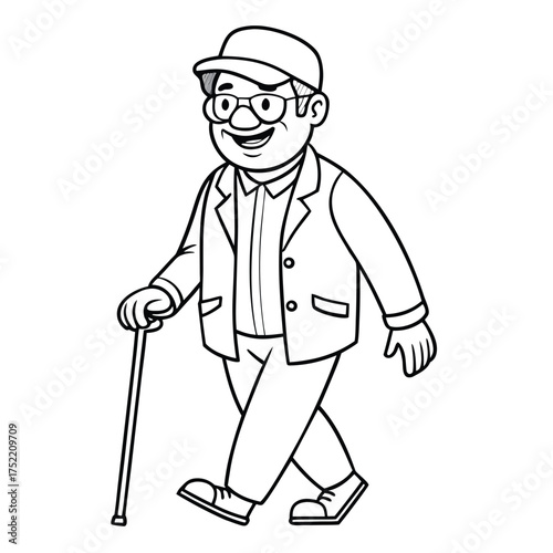 A cheerful black and white outline illustration of a happy person with a simple joyful expression and clean lines