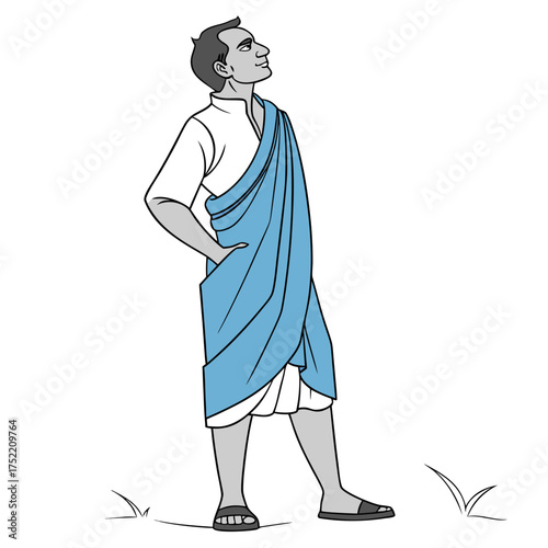 A stylized illustration of a man wearing traditional indian attire with a blue draped cloth looking upwards with a thoughtful expression