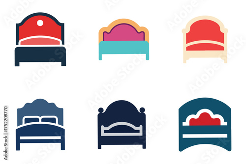 Collection of Bedroom Bed Icon Vector Illustrations Featuring Modern and Vintage Designs in Various Colors and Styles