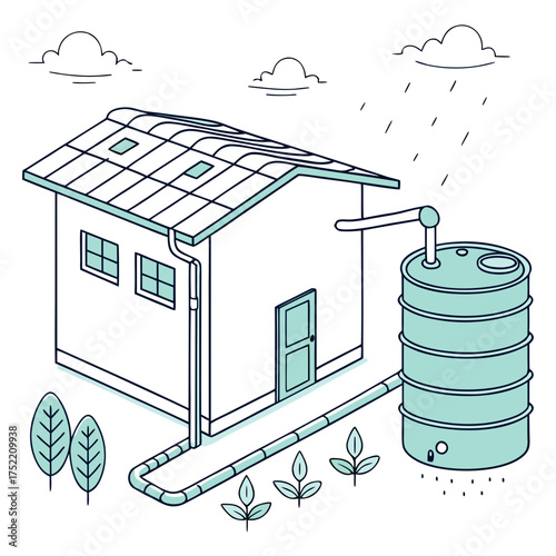Illustration of a house with a rainwater harvesting system collecting rain from the roof into a large water barrel for garden irrigation