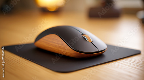 Modern wireless computer mouse resting on a black mousepad on a wooden desk surface