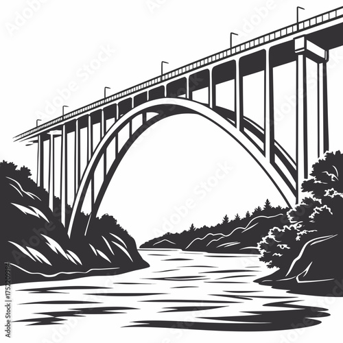 Majestic concrete arch bridge spanning a wide river with lush green forested hillsides and rocky shores in a dramatic black and white silhouette illustration